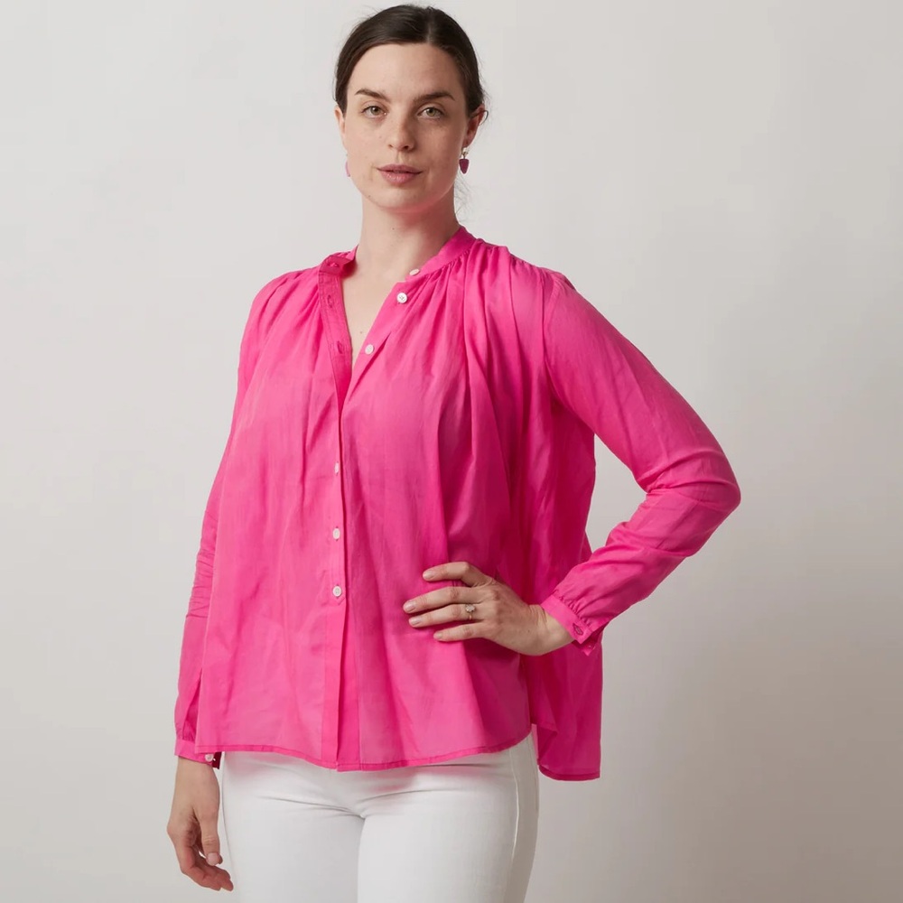 Mii Collection || Nathalie Blouse Silk Blend Top in Pivone‎ Bright Pink XS